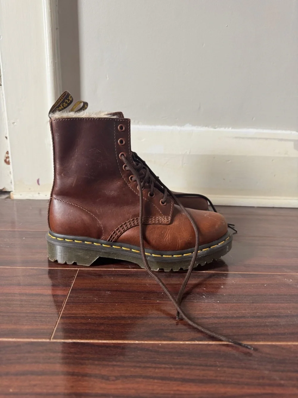 Dr. Martens Brown Leather 8-Eye Lace-Up Combat Boots with Yellow Stitching - Picture 1 of 5